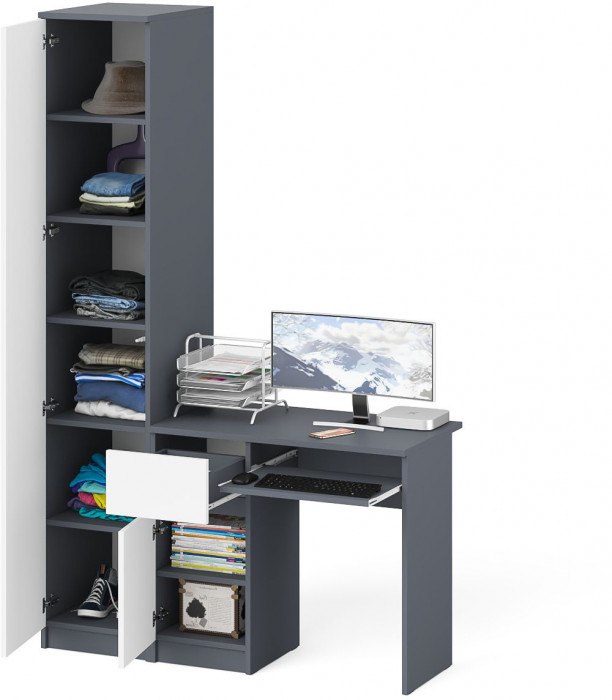 Мори Стол компьютерный МС-1 левый + Пенал МШ400.1, цвет графит/белый, ШхГхВ 130,4х50,4х209,6 см., выдвижной ящик слева, НЕ универсальная сборка