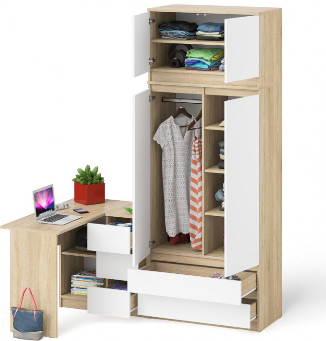 Мори Стол компьютерный МС-16 правый + Шкаф МШ900.1 + Антресоль МА900.1, цвет дуб сонома/белый, ШхГхВ 214,8х84,9х234,2 см., выд. ящ. справа, НЕ ун. сб.