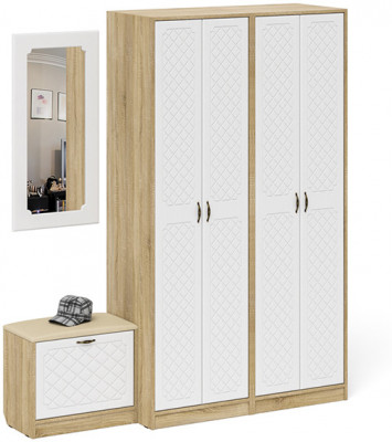 Прихожая П-6 Компоновка № 08, цвет дуб сонома/фасады МДФ белое дерево фрезеровка ромб, ШхГхВ 180х50х210 см., универсальная сборка