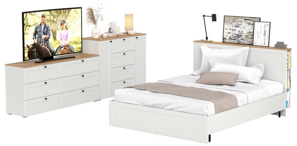 Остин 11.53 Кровать + ортопед + 16.240 Комод + 16.221 Комод, белый шагрень/дуб крафт золотой