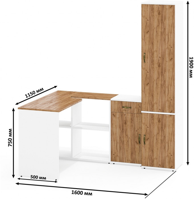 Лидер-8 Стол + Тумба МД 3.15 + Пенал МД 22Б, цвет белый шагрень/крафт золото, ШхГхВ 245х50/37,5х75/190 или 115х160/50х75/190 см., НЕ ун. сборка