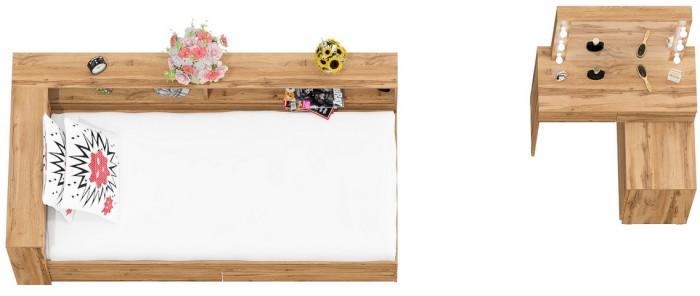 Ксения Кровать с ящиками 0900 + прикроватный блок + Столик с подсветкой 110, дуб вотан