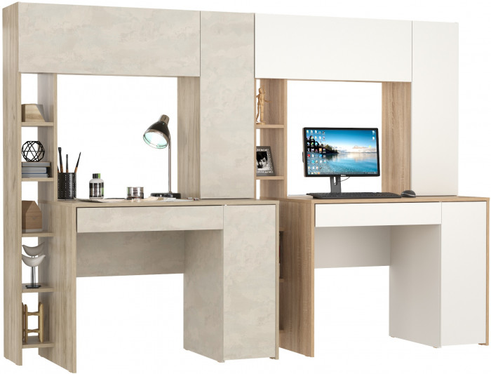 КР100 Два стола компьютерных Комфорт 12.71, цвет дуб крафт серый/шёлковый камень/дуб сонома/белый, ШхГхВ 233,4х60,2х165,4 см., НЕ универсальная сборка
