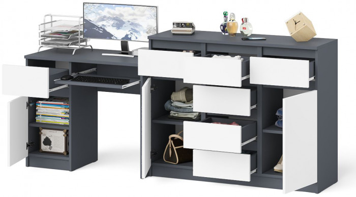 Мори Стол компьютерный МС-1 левый + Комод МК1200.4, цвет графит/белый, ШхГхВ 210,4х50х94 см., выдвижной ящик слева, НЕ универсальная сборка