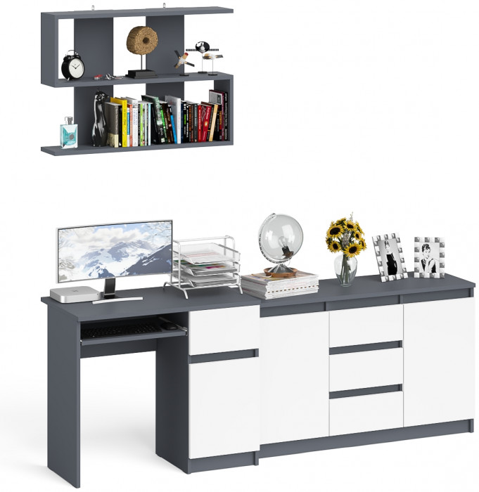 Мори Стол компьютерный МС-1 правый + Комод МК1200.3 + Полка 900, цвет графит/белый, ШхГхВ 210,4х50х209,6 см., НЕ универсальная сборка