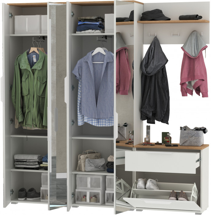 Октава Прихожая 25, белый шагрень/дуб крафт золотой/фасады МДФ белый шагрень