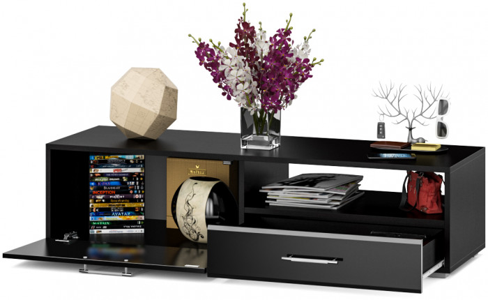 Тумба под ТВ Ларго 1, корпус венге/фасады МДФ чёрный глянец