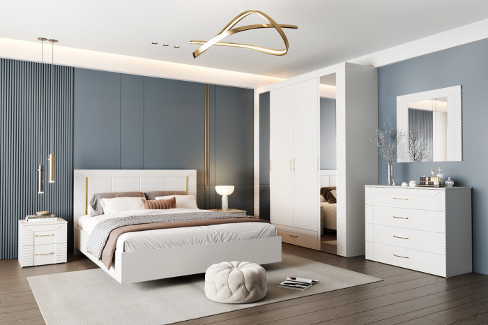 Шкаф 4-х дверный с ящиком "Карлин" - Белый текстурный/Корунд джелато