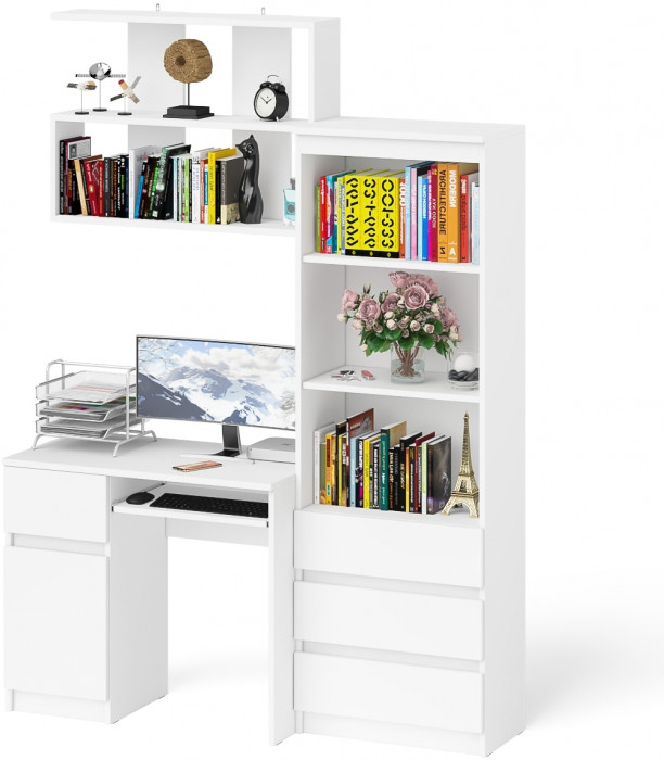Мори Стол компьютерный МС-1 левый + Стеллаж МСТ600.3 + Полка 900, цвет белый, ШхГхВ 150,4х50х209,6 см., НЕ универсальная сборка