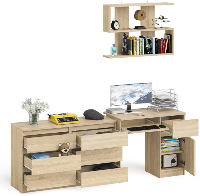 Мори Стол компьютерный МС-1 правый + Комод МК1200.6 + Полка 900, цвет дуб сонома, ШхГхВ 210,4х50х209,6 см., НЕ универсальная сборка
