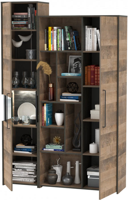 Трувор 13.205 Шкаф-пенал с витриной + 13.206 Шкаф-стеллаж, цвет дуб гранж песочный/интра, ШхГхВ 137,8х37х210 см., универсальная сборка