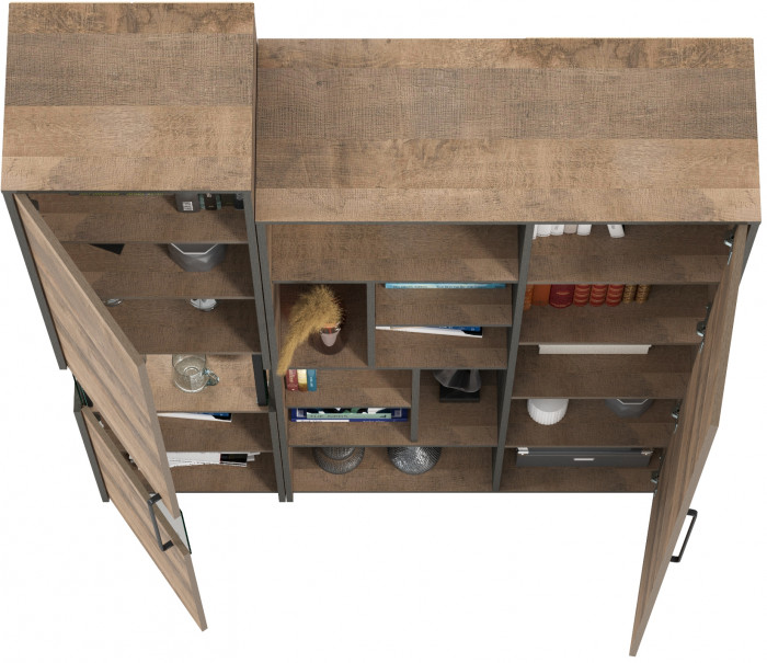 Трувор 13.205 Шкаф-пенал с витриной + 13.206 Шкаф-стеллаж, цвет дуб гранж песочный/интра, ШхГхВ 137,8х37х210 см., универсальная сборка