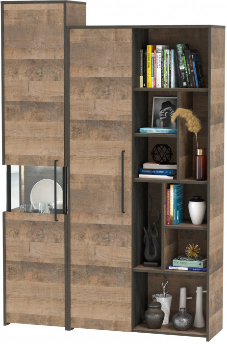 Трувор 13.205 Шкаф-пенал с витриной + 13.206 Шкаф-стеллаж, цвет дуб гранж песочный/интра, ШхГхВ 137,8х37х210 см., универсальная сборка