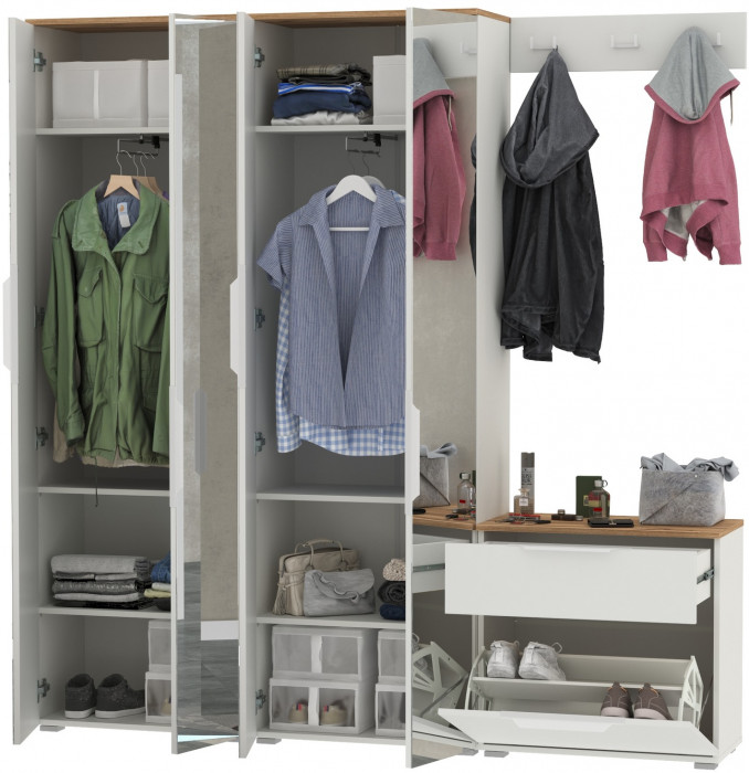 Октава Прихожая 26, белый шагрень/дуб крафт золотой/фасады МДФ белый шагрень