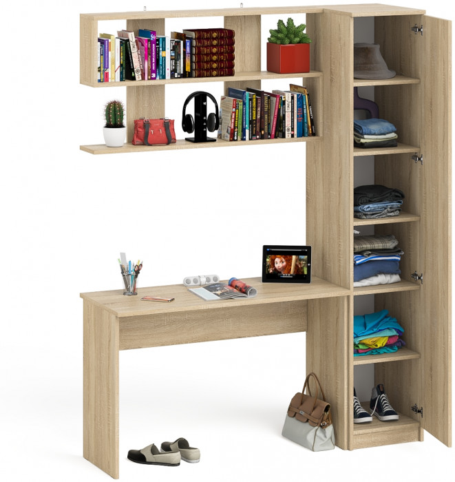 Мори Стол письменный МСП1200.1 + Пенал МШ400.1 + Полка 1200, цвет дуб сонома, ШхГхВ 160,8х50,4х209,6 см., универсальная сборка
