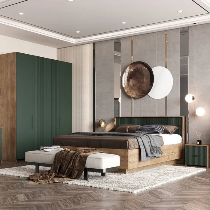 Кровать 180х200 "Герта" с щитовым основанием - Дуб канзас/Зеленый матовый