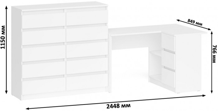 Мори компьютерный стол МС-16 правый + Комод МК1200.10, белый