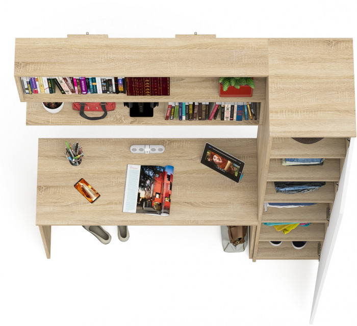 Мори Стол письменный МСП1200.1 + Пенал МШ400.1 + Полка 1200, цвет дуб сонома/белый, ШхГхВ 160,8х50,4х209,6 см., универсальная сборка