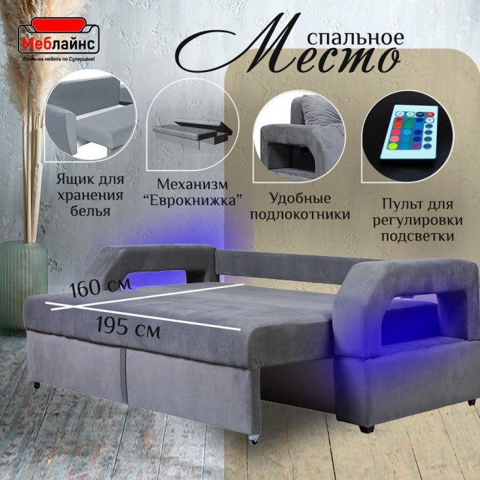 Диван-кровать Манчестер, еврокнижка, велюр, 160х195, серый