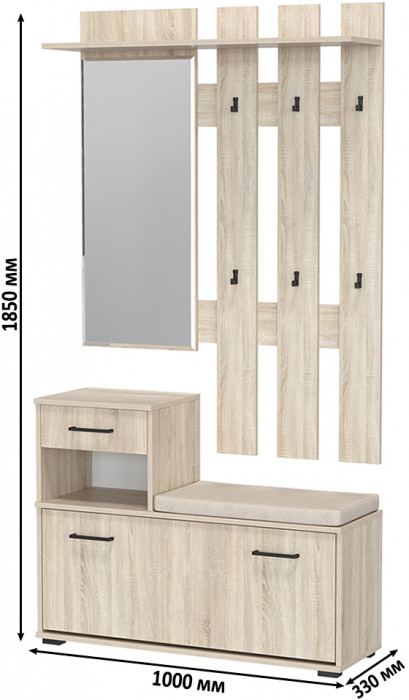 Лира ГК Прихожая 1 2-0714+2-3814 Тумба под обувь + Вешалка с зеркалом, дуб сонома