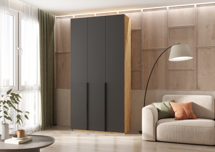 Марвэл Шкаф 3-х створчатый 1200, с доп.ящиками Браш Графит, Дуб Крафт