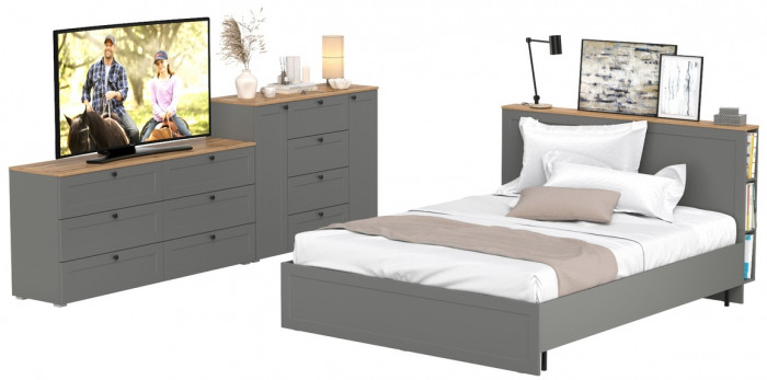 Остин 11.53 Кровать + ортопед + 16.240 Комод + 16.221 Комод, серый графит/дуб крафт золотой
