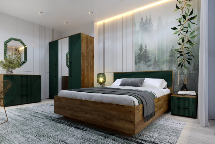 Кровать 140х200 с подъемным основанием "Монтале" - Дуб канзас/Зеленый матовый