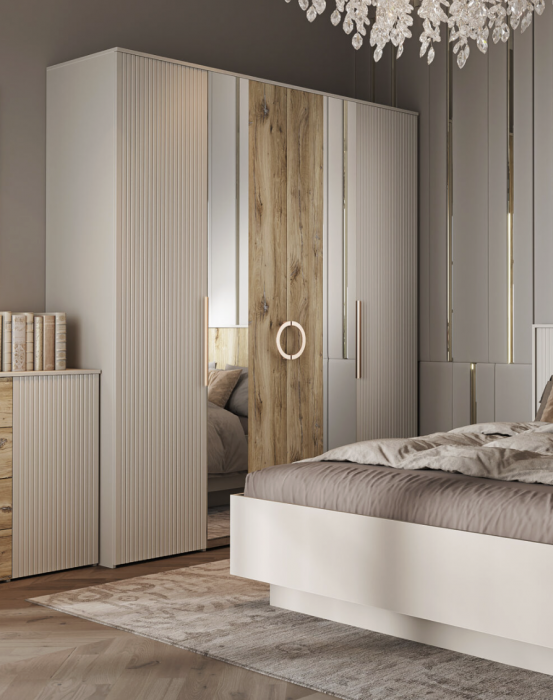 Шкаф для одежды 4-х дверный "Виола" - Персидский жемчуг/Дуб Флагстафф песочный