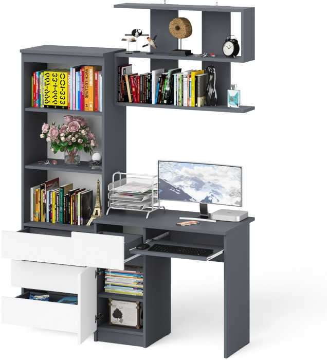 Мори Стол компьютерный МС-1 левый + Стеллаж МСТ600.3 + Полка 900, цвет графит/белый, ШхГхВ 150,4х50х209,6 см., НЕ универсальная сборка