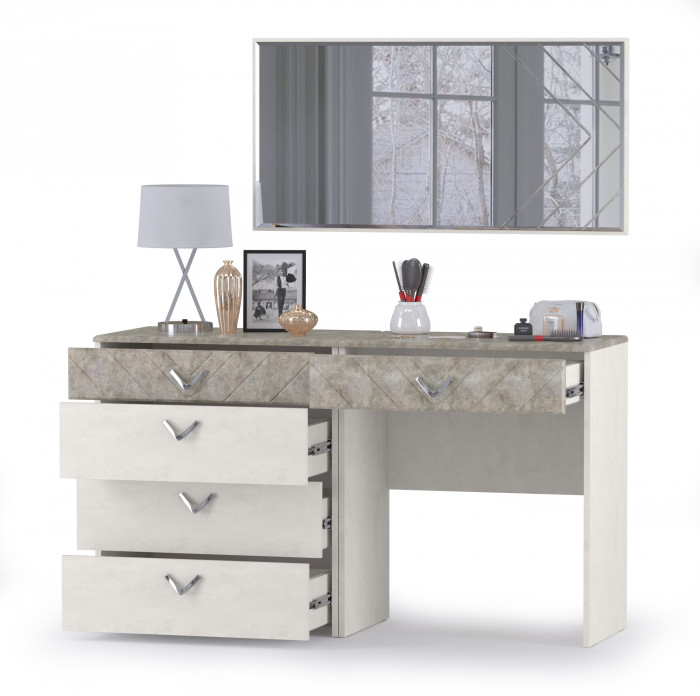 Амели Комод 13.106 + Стол туалетный 12.48 + Зеркало, цвет шёлковый камень/бетон чикаго беж, ШхГхВ 130х41,3х145 см., универсальная сборка