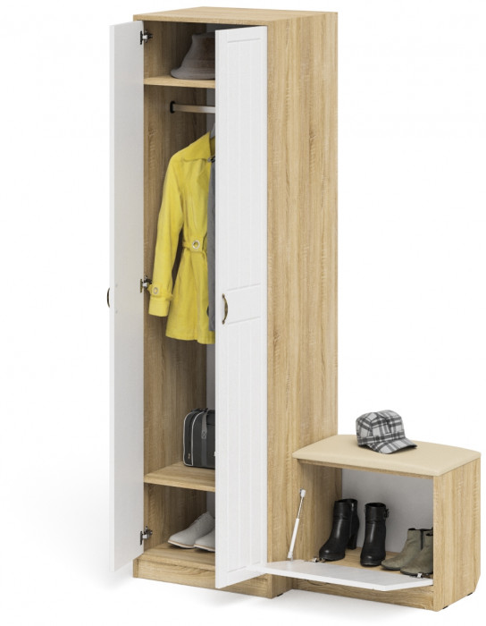Прихожая П-6 Компоновка № 10, цвет дуб сонома/фасады МДФ белое дерево фрезеровка прованс, ШхГхВ 120х50х210 см., универсальная сборка