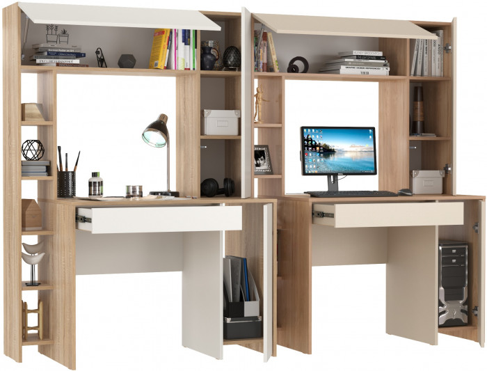 КР100 Два стола компьютерных Комфорт 12.71, цвет дуб сонома/белый/гикори рокфорд натуральный/сатин, ШхГхВ 233,4х60,2х165,4 см., НЕ универс. сборка