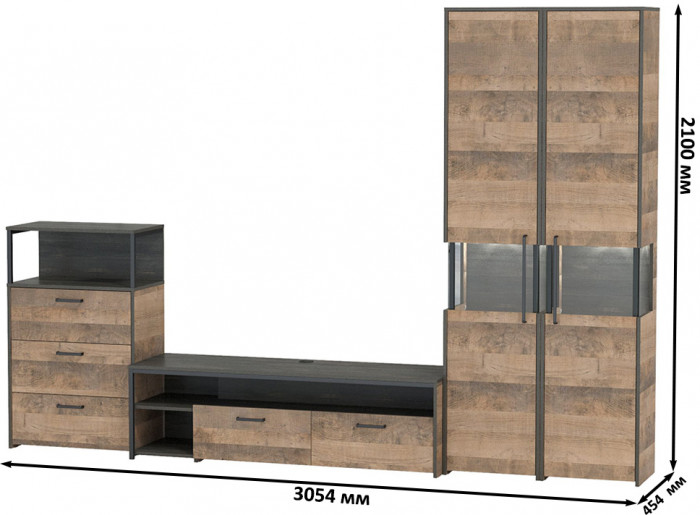 Трувор Гостиная 038, цвет дуб гранж песочный/интра, ШхГхВ 305,4х45,4х210 см., универсальная сборка