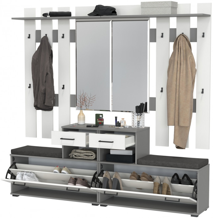 Лира ГК Прихожая 2 Два х Тумба под обувь + Два х Вешалка с зеркалом, графит/белый