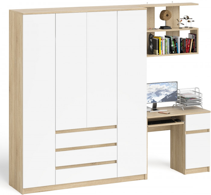 Мори компьютерный стол МС-1 правый + Шкаф МШ1600.1 + Полка 900, дуб сонома/белый