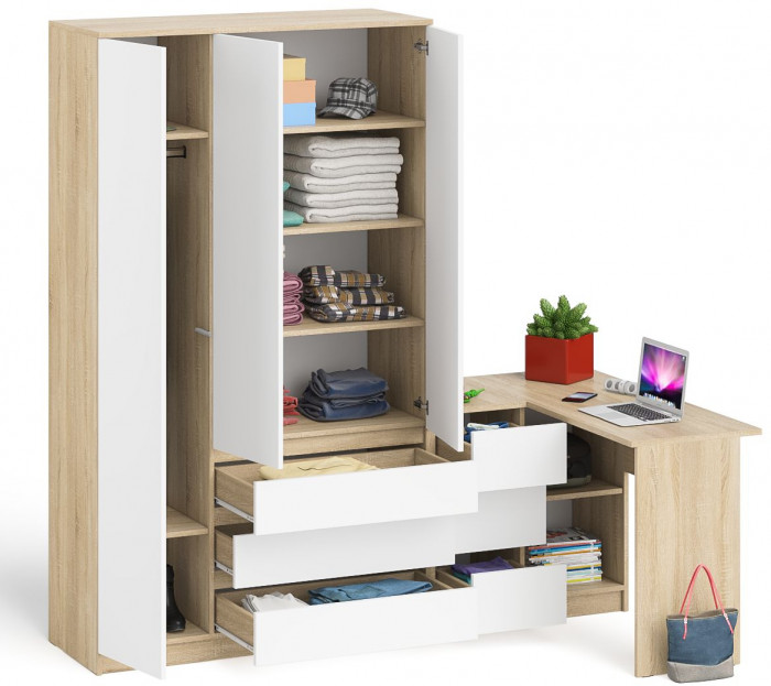 Мори компьютерный стол МС-16 левый + Шкаф МШ1200.1, дуб сонома/белый
