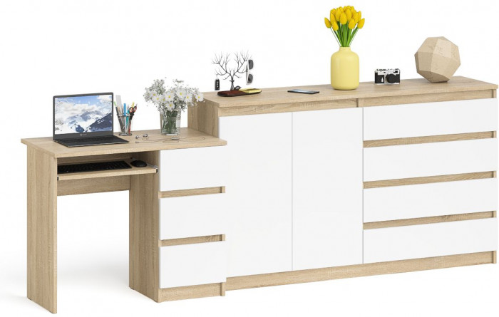 Мори компьютерный стол МС-6 правый + Комод МК1600.1, дуб сонома/белый