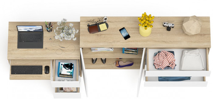 Мори компьютерный стол МС-6 правый + Комод МК1600.1, дуб сонома/белый