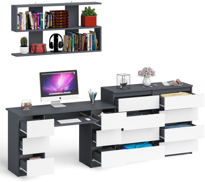 Мори компьютерный стол МС-2 + Комод МК1200.8 + Полка 1200, графит/белый