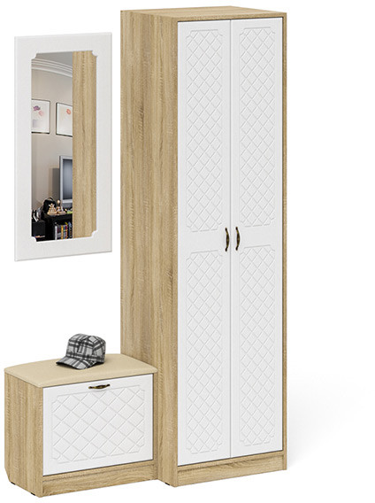 Прихожая П-6 Компоновка № 11, цвет дуб сонома/фасады МДФ белое дерево фрезеровка ромб, ШхГхВ 120х50х210 см., универсальная сборка