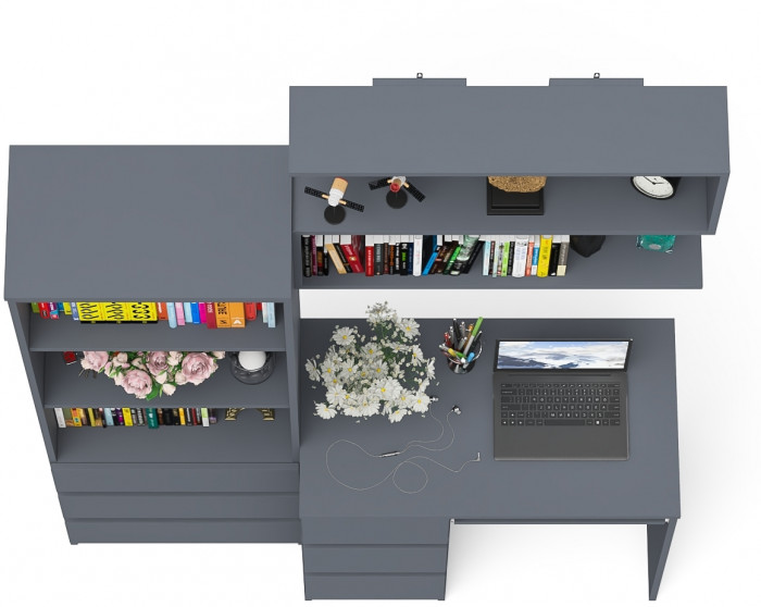 Мори Стол компьютерный МС-6 левый + Стеллаж МСТ600.3 + Полка 900, цвет графит, ШхГхВ 150,4х50х209,6 см., НЕ универсальная сборка