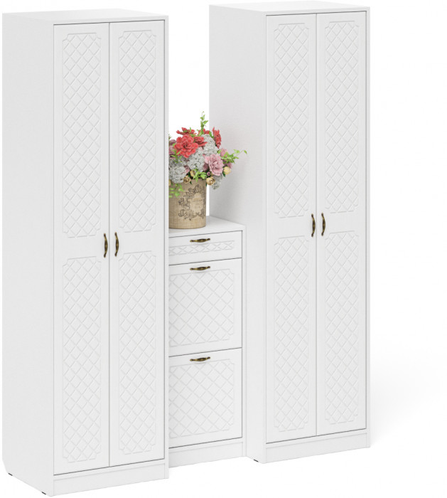 Прихожая П-6 Компоновка № 13, белая шагрень/фасады МДФ белое дерево фрезеровка ромб