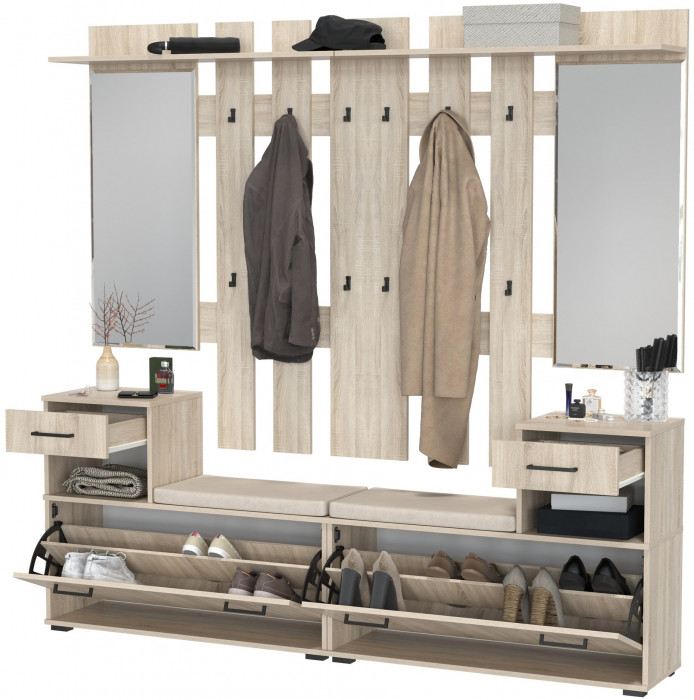 Лира ГК Прихожая 2 Два х Тумба под обувь + Два х Вешалка с зеркалом, дуб сонома