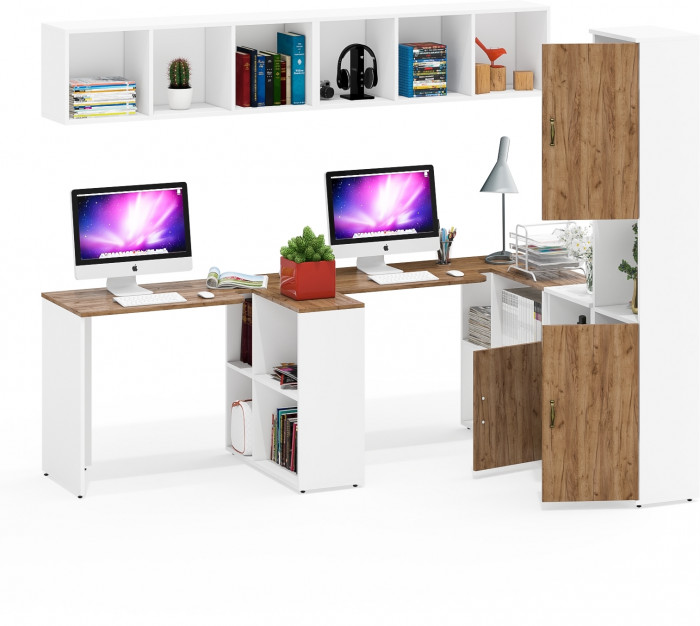 Лидер-8 Стол + Полка + Стол + Полка + Пенал + Тумба МД 3.19, цвет белый шагрень/крафт золото, 410х50/30х75/190 или 230х50/160х75/190 см., НЕ ун. сб.