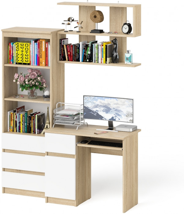 Мори Стол компьютерный МС-1 левый + Стеллаж МСТ600.3 + Полка 900, цвет дуб сонома/белый, ШхГхВ 150,4х50х209,6 см., НЕ универсальная сборка
