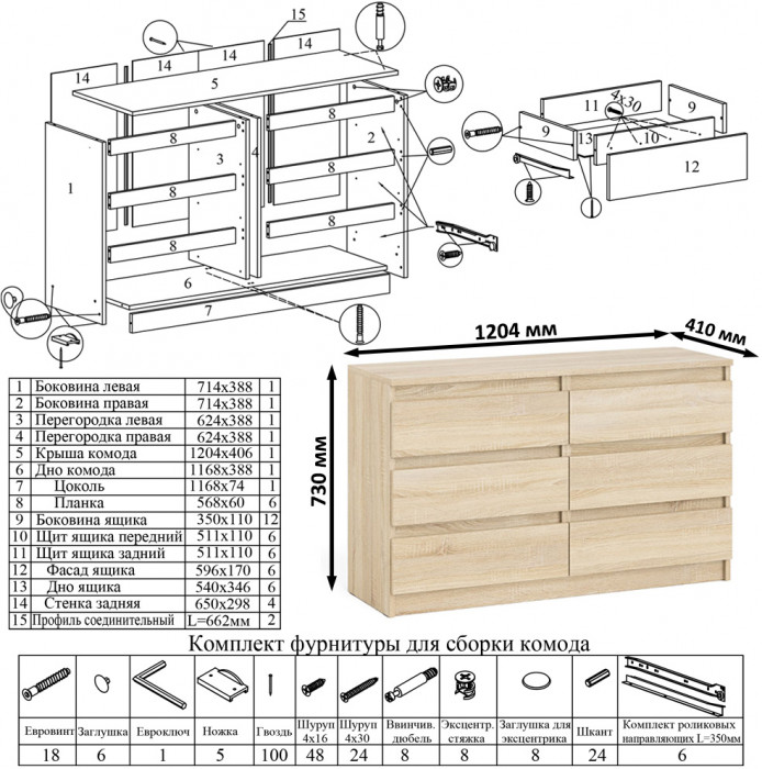 Мори Стол компьютерный МС-1 правый + Комод МК1200.6, цвет дуб сонома, ШхГхВ 210,4х50х76,6 см., выдвижной ящик справа, НЕ универсальная сборка