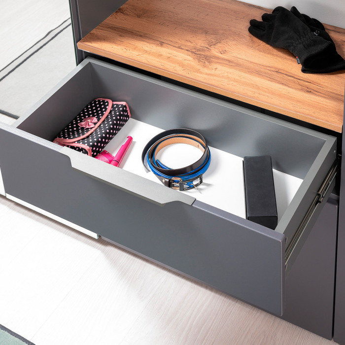 Октава 16.127 Тумба для обуви + 15.14.01 Вешалка + 15.14.02, цвет серый графит/дуб крафт золотой/фасады МДФ серый графит, ШхГхВ 64,9х35,4х197 см.