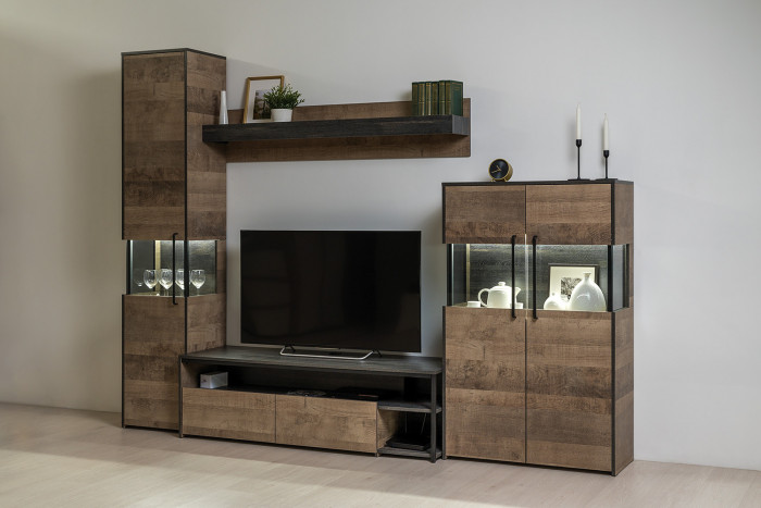 Трувор 13.205 Шкаф-пенал с витриной, цвет дуб гранж песочный/интра, ШхГхВ 44,8х37х210 см., есть светодиодная подсветка, универсальная сборка