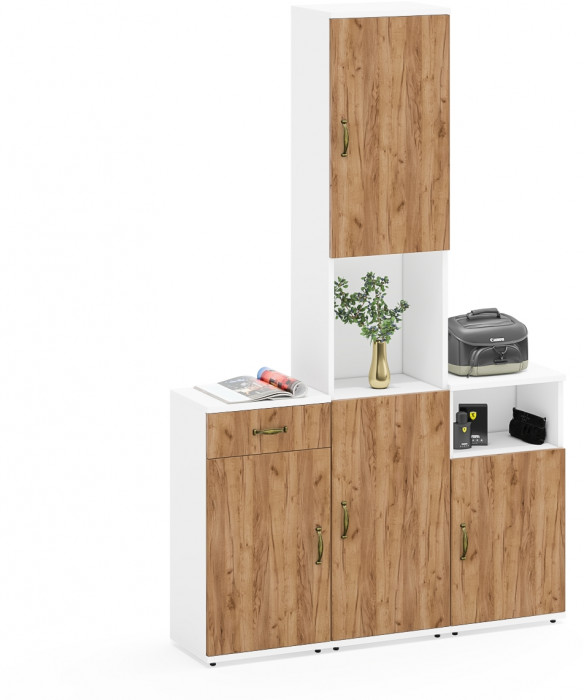 Лидер-8 Пенал + Тумба МД 3.15 + Тумба МД 3.19, цвет белый шагрень/крафт золото, ШхГхВ 120х30х190 см., универсальная сборка