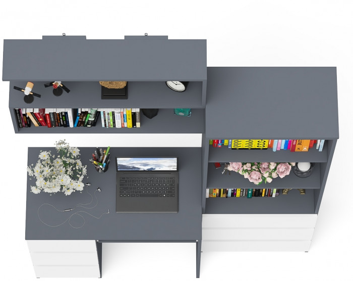 Мори Стол компьютерный МС-6 левый + Стеллаж МСТ600.3 + Полка 900, цвет графит/белый, ШхГхВ 150,4х50х209,6 см., НЕ универсальная сборка